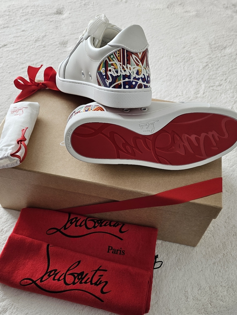 Christian Louboutin White Sneakers with Multicolor Graphic Heel and Red Sole